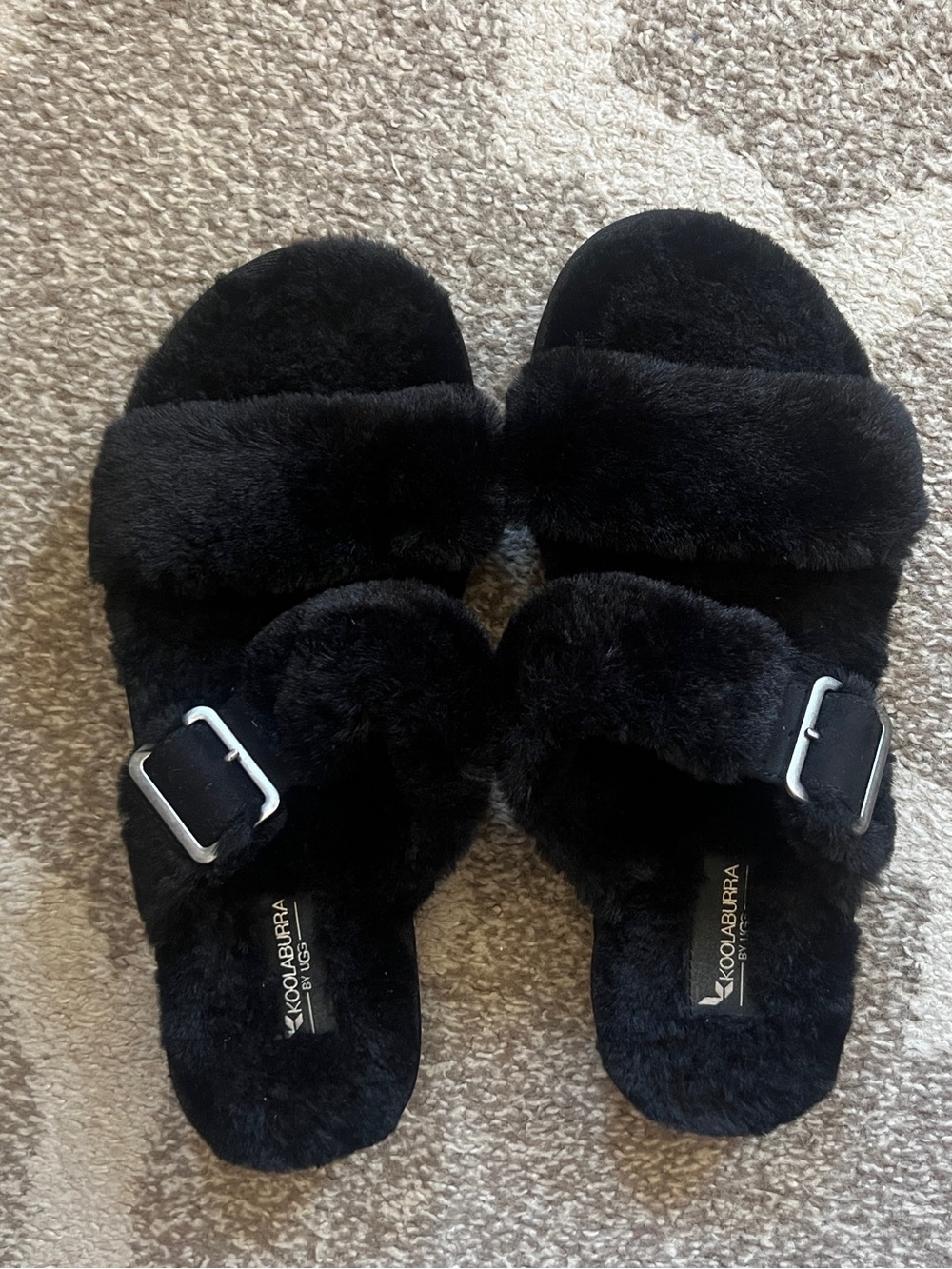 Koolaburra Black Faux-Fur Slide Sandals with Buckle Straps